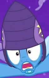 Size: 468x744 | Tagged: safe, screencap, character:trixie, episode:no second prances, g4, my little pony: friendship is magic, close-up, cropped, fear, helmet