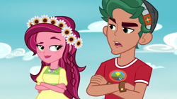 Size: 1920x1080 | Tagged: safe, screencap, character:gloriosa daisy, character:timber spruce, equestria girls:legend of everfree, g4, my little pony:equestria girls, brother and sister, camp everfree outfits, crossed arms, female, flower, flower in hair, geode of fauna, geode of shielding, geode of sugar bombs, geode of super speed, geode of super strength, magical geodes, male, siblings, sky