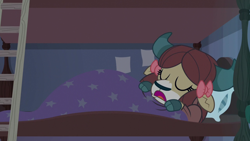 Size: 1920x1080 | Tagged: safe, screencap, character:yona, species:yak, episode:2-4-6 greaaat, adorable face, bed, blanket, bow, cloven hooves, cuddly, cute, cuteness overload, dawwww, female, hair bow, ladder, monkey swings, pillow, sleeping, solo, weapons-grade cute, yonadorable