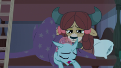 Size: 1920x1080 | Tagged: safe, screencap, character:ocellus, character:yona, species:changedling, species:changeling, species:reformed changeling, species:yak, episode:2-4-6 greaaat, bed, bed bug, blanket, bow, cloven hooves, cute, diaocelles, female, hair bow, ladder, monkey swings, pillow, sleeping, yonadorable