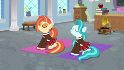 Size: 1920x1080 | Tagged: safe, screencap, character:lighthoof, character:shimmy shake, species:earth pony, species:pony, episode:2-4-6 greaaat, apple, book, chair, chalkboard, cheerleader, cheerleader outfit, classroom, clothing, cute, duo, eyes closed, eyeshadow, food, makeup, sitting, window, yoga mat