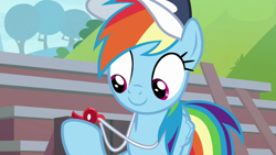 Size: 1280x720 | Tagged: safe, screencap, character:rainbow dash, species:pegasus, species:pony, episode:2-4-6 greaaat, buckball court, close-up, clothing, coach rainbow dash, coaching cap, cute, dashabetes, female, hat, mare, rainbow dashs coaching whistle, smiling, solo, that pony sure does love whistles, whistle, whistle necklace