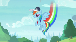 Size: 1920x1080 | Tagged: safe, screencap, character:rainbow dash, species:pegasus, species:pony, episode:2-4-6 greaaat, coach rainbow dash, coaching cap, flying, rainbow dashs coaching whistle, rainbow trail, solo, whistle, whistle necklace, wings