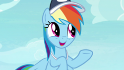 Size: 1920x1080 | Tagged: safe, screencap, character:rainbow dash, species:pegasus, species:pony, episode:2-4-6 greaaat, bust, coach rainbow dash, coaching cap, cute, dashabetes, flying, rainbow dashs coaching whistle, smiling, solo, whistle, whistle necklace