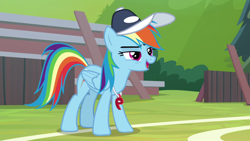 Size: 1920x1080 | Tagged: safe, screencap, character:rainbow dash, species:pegasus, species:pony, episode:2-4-6 greaaat, cap, clothing, female, hat, mare, open mouth, smiling, solo