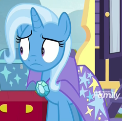 Size: 810x800 | Tagged: safe, screencap, character:trixie, species:pony, species:unicorn, episode:on the road to friendship, cropped, discovery family logo, solo