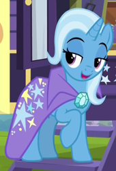 Size: 554x814 | Tagged: safe, screencap, character:trixie, species:pony, species:unicorn, episode:on the road to friendship, blue eyeshadow, cape, clothing, cropped, purple eyes, solo, stairs, trixie's wagon, wagon