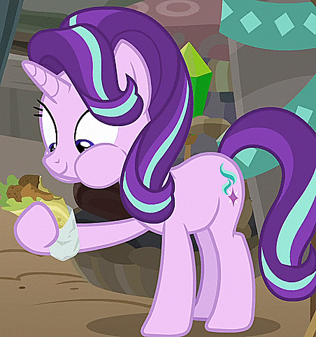 Size: 452x481 | Tagged: safe, screencap, character:starlight glimmer, episode:on the road to friendship, animated, aweeg*, chipmunk cheeks, cropped, eating, falafel, food, solo