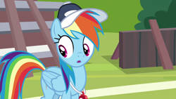 Size: 1920x1080 | Tagged: safe, screencap, character:rainbow dash, species:pegasus, species:pony, episode:2-4-6 greaaat, cap, clothing, female, hat, mare, open mouth, solo, whistle