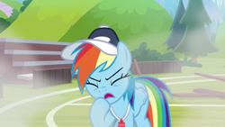 Size: 1920x1080 | Tagged: safe, screencap, character:rainbow dash, species:pegasus, species:pony, episode:2-4-6 greaaat, eyes closed, female, mare, open mouth, raised hoof, solo