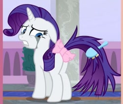 Size: 479x404 | Tagged: safe, screencap, character:rarity, species:pony, species:unicorn, episode:school raze, g4, my little pony: friendship is magic, butt, cropped, makeup, marshmelodrama, mascarity, messy tail, plot, rarity being rarity, ribbon, running makeup, tail