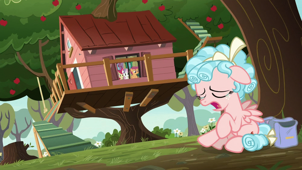 Size: 1000x562 | Tagged: safe, screencap, character:apple bloom, character:cozy glow, character:scootaloo, character:sweetie belle, species:pegasus, species:pony, episode:marks for effort, g4, my little pony: friendship is magic, animated, apple, apple tree, bag, clubhouse, crocodile tears, crusaders clubhouse, crying, fake crying, female, filly, freckles, sad, saddle bag, tree, tree stump, treehouse