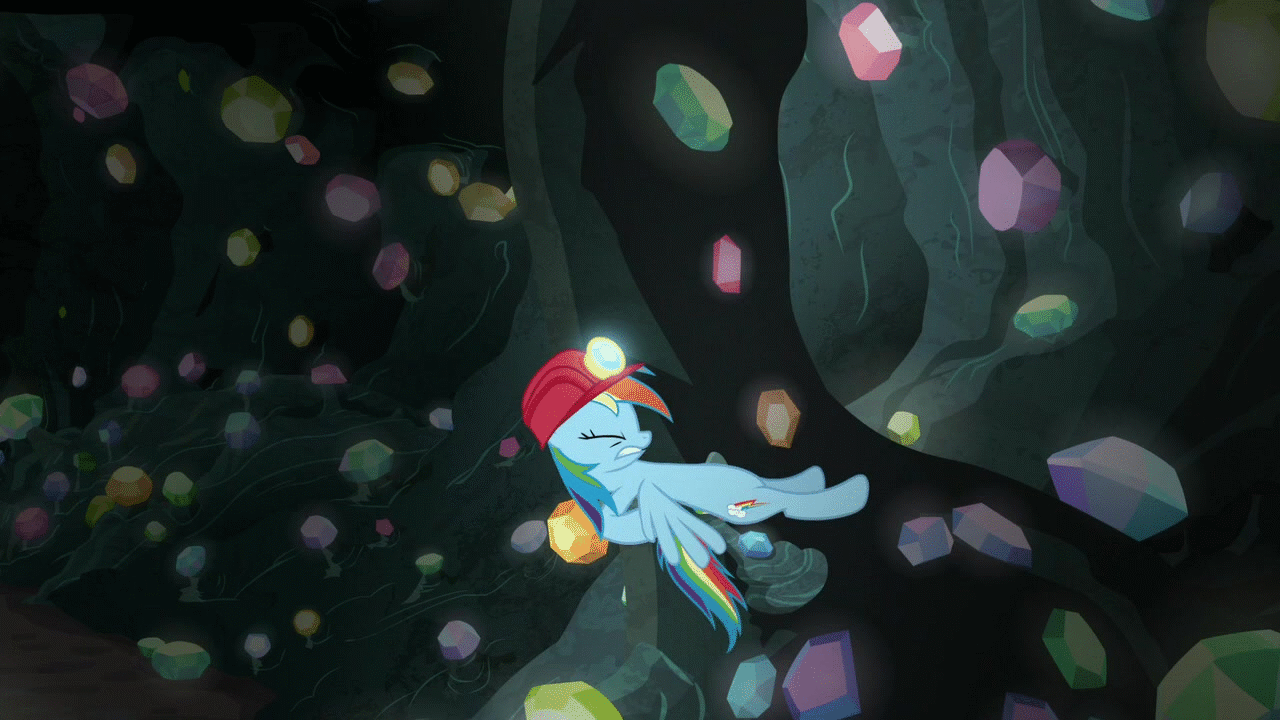 Size: 1280x720 | Tagged: safe, screencap, character:rainbow dash, species:pegasus, species:pony, episode:the end in friend, g4, my little pony: friendship is magic, animated, cave, female, gem cave, gif, hard hat, hat, mare, out of context