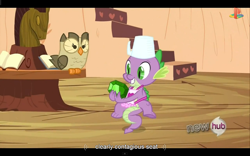 Size: 1024x640 | Tagged: safe, screencap, character:owlowiscious, character:spike, episode:just for sidekicks, g4, my little pony: friendship is magic, gem, hub logo, youtube caption
