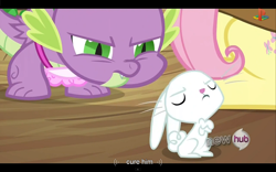 Size: 1024x640 | Tagged: safe, screencap, character:angel bunny, character:fluttershy, character:spike, episode:just for sidekicks, g4, my little pony: friendship is magic, angel is a bunny bastard, hub logo, youtube caption