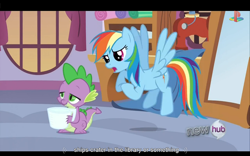 Size: 1024x640 | Tagged: safe, screencap, character:rainbow dash, character:spike, episode:just for sidekicks, g4, my little pony: friendship is magic, meme, youtube caption
