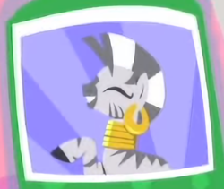 Size: 436x368 | Tagged: safe, screencap, character:zecora, species:pony, species:zebra, episode:ail-icorn, bottle, cropped, cute, ear piercing, earring, eyes closed, female, jewelry, mare, neck rings, piercing, potion, smiling, solo, zecorable
