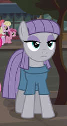 Size: 417x785 | Tagged: safe, screencap, character:luckette, character:maud pie, character:ruby pinch, species:earth pony, species:pony, species:unicorn, episode:the gift of the maud pie, g4, my little pony: friendship is magic, background pony, cropped, female, filly, lidded eyes, mare, maud being maud, maud pie may or may not be amused, solo focus