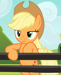 Size: 758x937 | Tagged: safe, screencap, character:applejack, species:earth pony, species:pony, episode:applejack's day off, bipedal, bipedal leaning, cropped, female, fence, leaning, lidded eyes, mare, solo