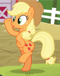 Size: 604x758 | Tagged: safe, screencap, character:applejack, species:earth pony, species:pony, episode:applejack's day off, bipedal, chicken dance, cropped, female, freckles, mare, open mouth, silly, silly pony, solo, underhoof, who's a silly pony