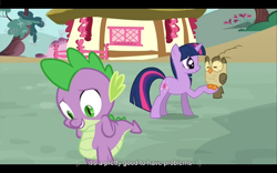 Size: 1024x640 | Tagged: safe, screencap, character:owlowiscious, character:spike, character:twilight sparkle, episode:just for sidekicks, g4, my little pony: friendship is magic, youtube caption