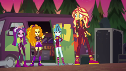 Size: 1920x1080 | Tagged: safe, screencap, character:adagio dazzle, character:aria blaze, character:sonata dusk, character:sunset shimmer, equestria girls:sunset's backstage pass, g4, my little pony:equestria girls, armlet, bracelet, clothing, converse, food, geode of empathy, jacket, jewelry, leather jacket, magical geodes, music festival outfit, shoes, shorts, sneakers, socks, spiked headband, spiked wristband, taco, taco dress, the dazzlings, wristband