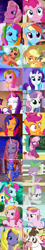 Size: 464x2566 | Tagged: safe, screencap, character:applejack, character:cheerilee, character:cheerilee (g3), character:coconut cream, character:coconut cream (g3), character:daisy jo, character:pinkie pie, character:pinkie pie (g3), character:rainbow dash, character:rainbow dash (g3), character:rarity, character:rarity (g3), character:scootaloo, character:scootaloo (g3), character:spike, character:spike (g3), character:sweetie belle, character:sweetie belle (g3), character:toola roola, character:toola roola (g3), species:cow, species:dragon, species:earth pony, species:pegasus, species:pony, species:unicorn, episode:a friend in deed, episode:fame and misfortune, episode:newbie dash, episode:positively pink, episode:secrets and pies, episode:sleepless in ponyville, episode:testing testing 1-2-3, episode:the crystalling, episode:the last crusade, episode:the princess promenade, episode:the runaway rainbow, episode:the ticket master, g3, g4, meet the ponies, my little pony: friendship is magic, applejack (g3), comparison, daisyjo, female, filly, g3 to g4, generation leap, mare, one of these things is not like the others
