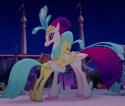 Size: 791x675 | Tagged: safe, screencap, character:princess skystar, character:queen novo, species:classical hippogriff, species:hippogriff, my little pony: the movie (2017), canterlot, celebration, claws, cropped, cute, duo focus, eyeshadow, female, folded wings, happy ending, hug, lidded eyes, makeup, mother and child, mother and daughter, night, nuzzling, proud, reunion, skyabetes, smiling, talons, teenager, wings, you are so grounded