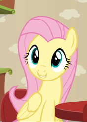 Size: 536x756 | Tagged: safe, screencap, character:fluttershy, species:pegasus, species:pony, episode:flutter brutter, g4, my little pony: friendship is magic, cropped, cute, female, mare, shyabetes, sitting, smiling, solo