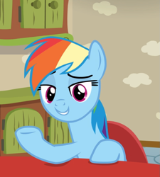 Size: 843x937 | Tagged: safe, screencap, character:rainbow dash, species:pegasus, species:pony, episode:flutter brutter, g4, my little pony: friendship is magic, cropped, female, looking at you, mare, raised eyebrow, raised hoof, sitting, smiling, smug, smugdash, solo