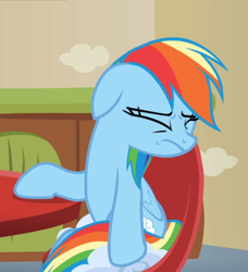 Size: 804x881 | Tagged: safe, screencap, character:rainbow dash, species:pegasus, species:pony, episode:flutter brutter, g4, my little pony: friendship is magic, chair, cropped, disgusted, eyes closed, female, floppy ears, looking away, mare, sitting, solo