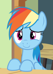 Size: 672x933 | Tagged: safe, screencap, character:rainbow dash, species:pegasus, species:pony, episode:flutter brutter, g4, my little pony: friendship is magic, cropped, cute, dashabetes, female, hooves on the table, looking at you, mare, sitting, smiling, solo