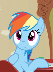 Size: 644x882 | Tagged: safe, screencap, character:rainbow dash, species:pegasus, species:pony, episode:flutter brutter, g4, my little pony: friendship is magic, chair, cropped, cute, dashabetes, female, looking at you, looking back, looking back at you, mare, solo, table