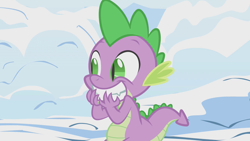 Size: 1280x720 | Tagged: safe, screencap, character:spike, episode:winter wrap up, g4, my little pony: friendship is magic, mirrored, snow, solo, winter