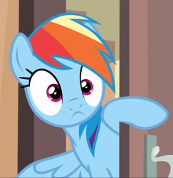 Size: 912x937 | Tagged: safe, screencap, character:rainbow dash, species:pegasus, species:pony, episode:stranger than fanfiction, cropped, door, female, mare, raised hoof, solo, spread wings, surprised, wings