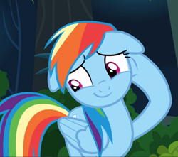 Size: 1063x938 | Tagged: safe, screencap, character:rainbow dash, species:pegasus, species:pony, episode:stranger than fanfiction, bashful, cropped, cute, dashabetes, female, floppy ears, hoof on head, looking away, mare, raised hoof, smiling, solo