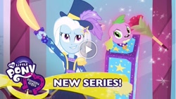 Size: 1280x720 | Tagged: safe, screencap, character:spike, character:spike (dog), character:trixie, species:dog, episode:street magic with trixie, g4, my little pony:equestria girls, sword, weapon, youtube thumbnail