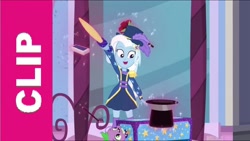 Size: 1280x720 | Tagged: safe, screencap, character:spike, character:spike (dog), character:trixie, species:dog, episode:street magic with trixie, g4, my little pony:equestria girls, magician outfit, sword, weapon, youtube thumbnail