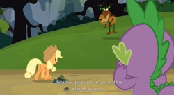 Size: 1587x869 | Tagged: safe, screencap, character:applejack, character:spike, species:dragon, species:earth pony, species:pony, episode:spike at your service, g4, my little pony: friendship is magic, female, male, mare, timber wolf, youtube caption, youtube link