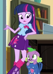 Size: 594x824 | Tagged: safe, screencap, character:spike, character:twilight sparkle, character:twilight sparkle (alicorn), species:alicorn, species:dog, species:pony, equestria girls:equestria girls, g4, my little pony:equestria girls, backpack, clothing, cropped, cute, female, leg warmers, male, paws, pleated skirt, skirt, spike the dog