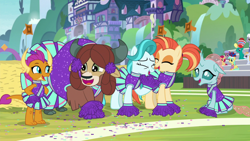 Size: 1920x1080 | Tagged: safe, screencap, character:lighthoof, character:ocellus, character:royal riff, character:shimmy shake, character:smolder, character:sunshower raindrops, character:yona, species:changedling, species:changeling, species:dragon, species:earth pony, species:pony, species:reformed changeling, species:yak, episode:2-4-6 greaaat, buddy, cheerleader outfit, cheerleader smolder, clothing, cloven hooves, dragoness, female, mare, monkey swings, pom pom