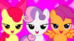 Size: 1280x718 | Tagged: safe, screencap, character:apple bloom, character:scootaloo, character:sweetie belle, species:pegasus, species:pony, episode:just for sidekicks, g4, my little pony: friendship is magic, bedroom eyes, cutie mark crusaders, image macro