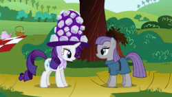 Size: 1920x1080 | Tagged: safe, screencap, character:maud pie, character:rarity, species:earth pony, species:pony, species:unicorn, episode:maud pie, g4, my little pony: friendship is magic, animated, clothing, duo, female, giant hat, hat, picnic, raised eyebrow, rock, sound, talking, webm