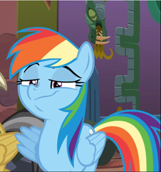 Size: 880x941 | Tagged: safe, screencap, character:rainbow dash, species:pegasus, species:pony, episode:stranger than fanfiction, cropped, faec, female, lidded eyes, mare, offscreen character, rainbow dash is best facemaker, smug, smugdash, solo