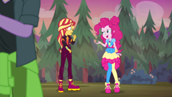 Size: 1600x900 | Tagged: safe, screencap, character:pinkie pie, character:sunset shimmer, equestria girls:sunset's backstage pass, g4, my little pony:equestria girls, clothing, dress, duke suave, jacket, music festival outfit, pants, shoes, sneakers