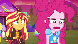 Size: 1600x900 | Tagged: safe, screencap, character:pinkie pie, character:sunset shimmer, equestria girls:sunset's backstage pass, g4, my little pony:equestria girls, geode of empathy, geode of sugar bombs, magical geodes, music festival outfit
