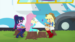 Size: 1920x1080 | Tagged: safe, screencap, character:applejack, character:fluttershy, character:twilight sparkle, character:twilight sparkle (scitwi), species:eqg human, equestria girls:sunset's backstage pass, g4, my little pony:equestria girls, applejack's festival hat, food, juice, orange juice, pancakes, tree stump