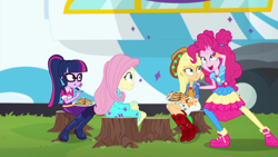 Size: 1920x1080 | Tagged: safe, screencap, character:applejack, character:fluttershy, character:pinkie pie, character:twilight sparkle, character:twilight sparkle (scitwi), species:eqg human, equestria girls:sunset's backstage pass, g4, my little pony:equestria girls, food, pancakes, shoes, sneakers, tree stump