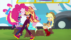 Size: 1920x1080 | Tagged: safe, screencap, character:applejack, character:fluttershy, character:pinkie pie, character:sunset shimmer, character:twilight sparkle, character:twilight sparkle (scitwi), species:eqg human, equestria girls:sunset's backstage pass, g4, my little pony:equestria girls, cute, food, pancakes, tree stump, twirl