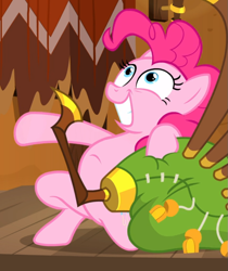 Size: 755x898 | Tagged: safe, screencap, character:pinkie pie, species:earth pony, species:pony, episode:yakity-sax, g4, my little pony: friendship is magic, cropped, faec, female, kneeling, mare, puffed chest, shrunken pupils, smiling, solo, teeth, yovidaphone